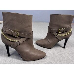 RALPH LAUREN sz 6B Leather Brown Ankle Boots Gold Chain Buckle Straps High Heels